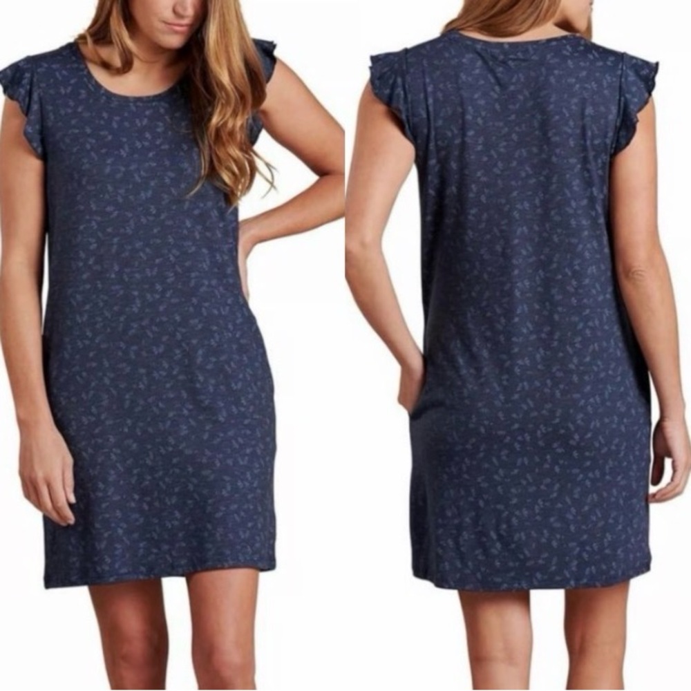 Toad & Co Women's Blue Mini Ruffle Cap Sleeve‎ Organic Dress Size Small Pockets